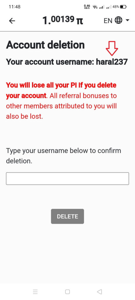username delete pi network permanently